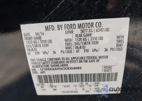 2016 Ford Police Interceptor from USA, damaged, VIN 1FM5K8AR9GGD04985